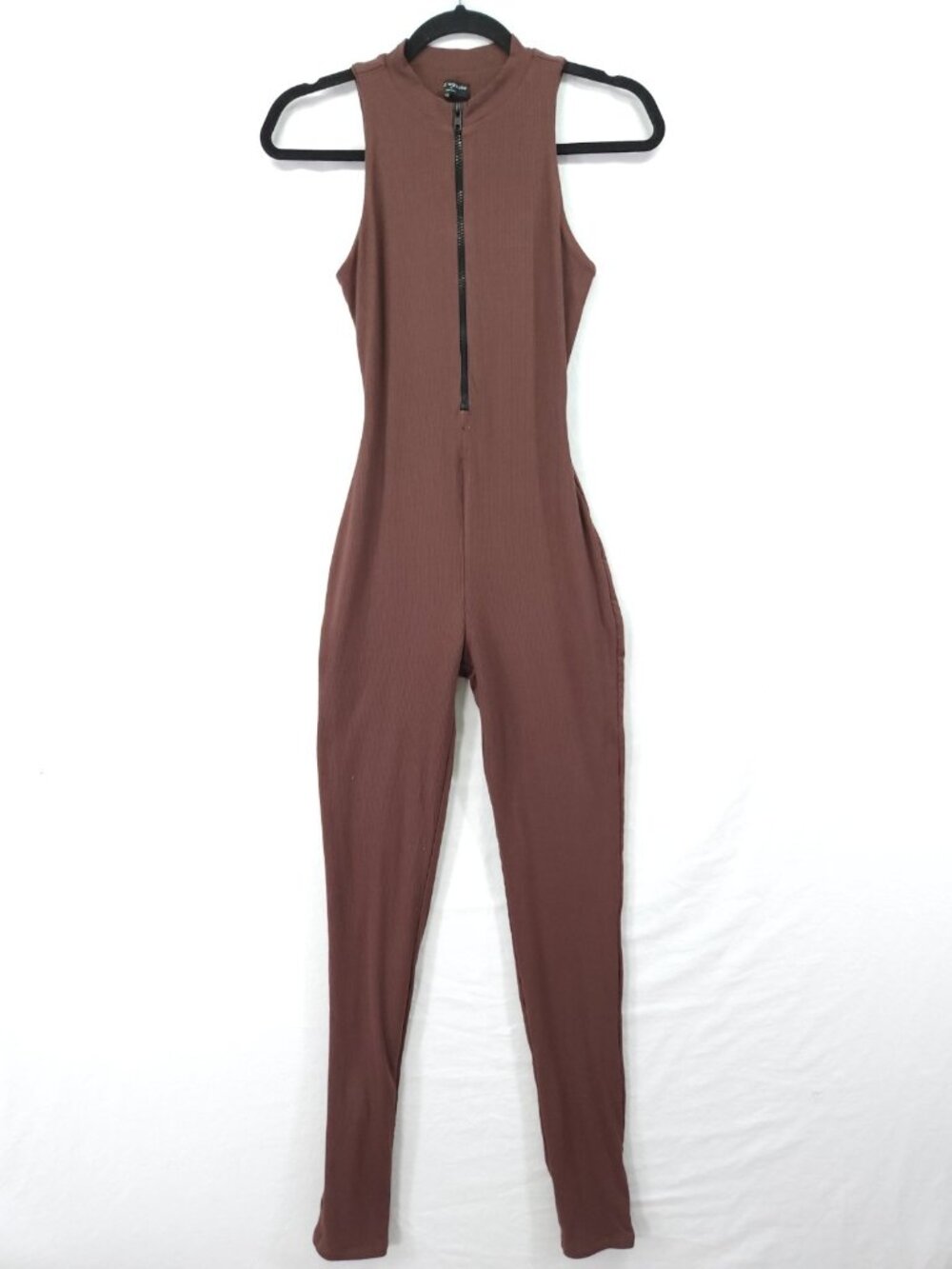 Naked Wardrobe Womens Medium Brown Ribbed Sleeveless Half Zip Jumpsuit Catsuit